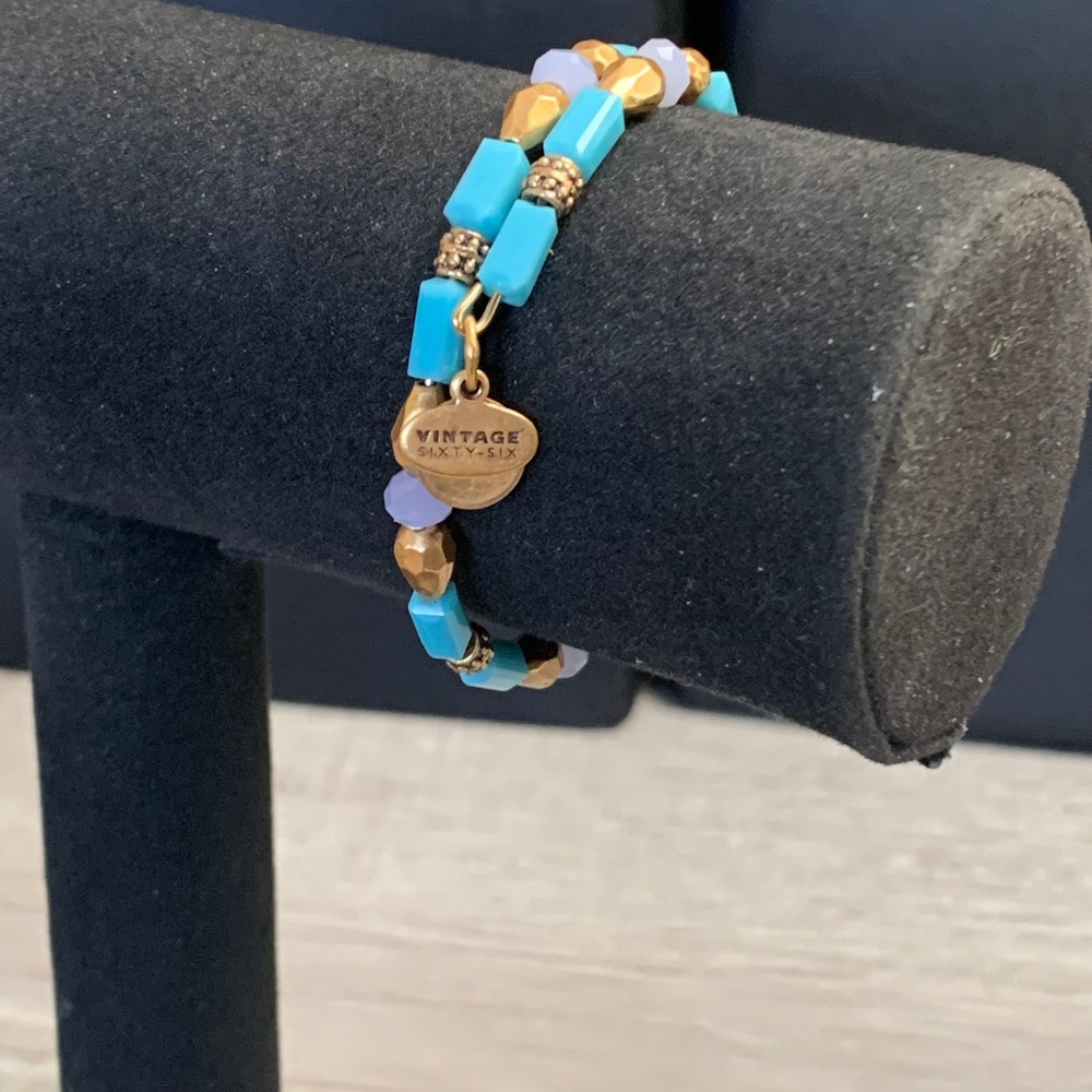 Alex and Ani Vintage Sixty-Six Beaded Wrap Bracelet Turquoise Purple Gold Tone